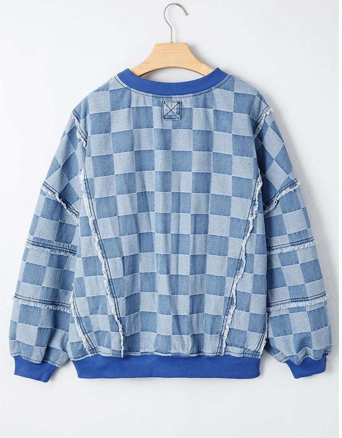 Sky Blue Checkerboard Splicing Raw Detail Oversized Denim Pullover