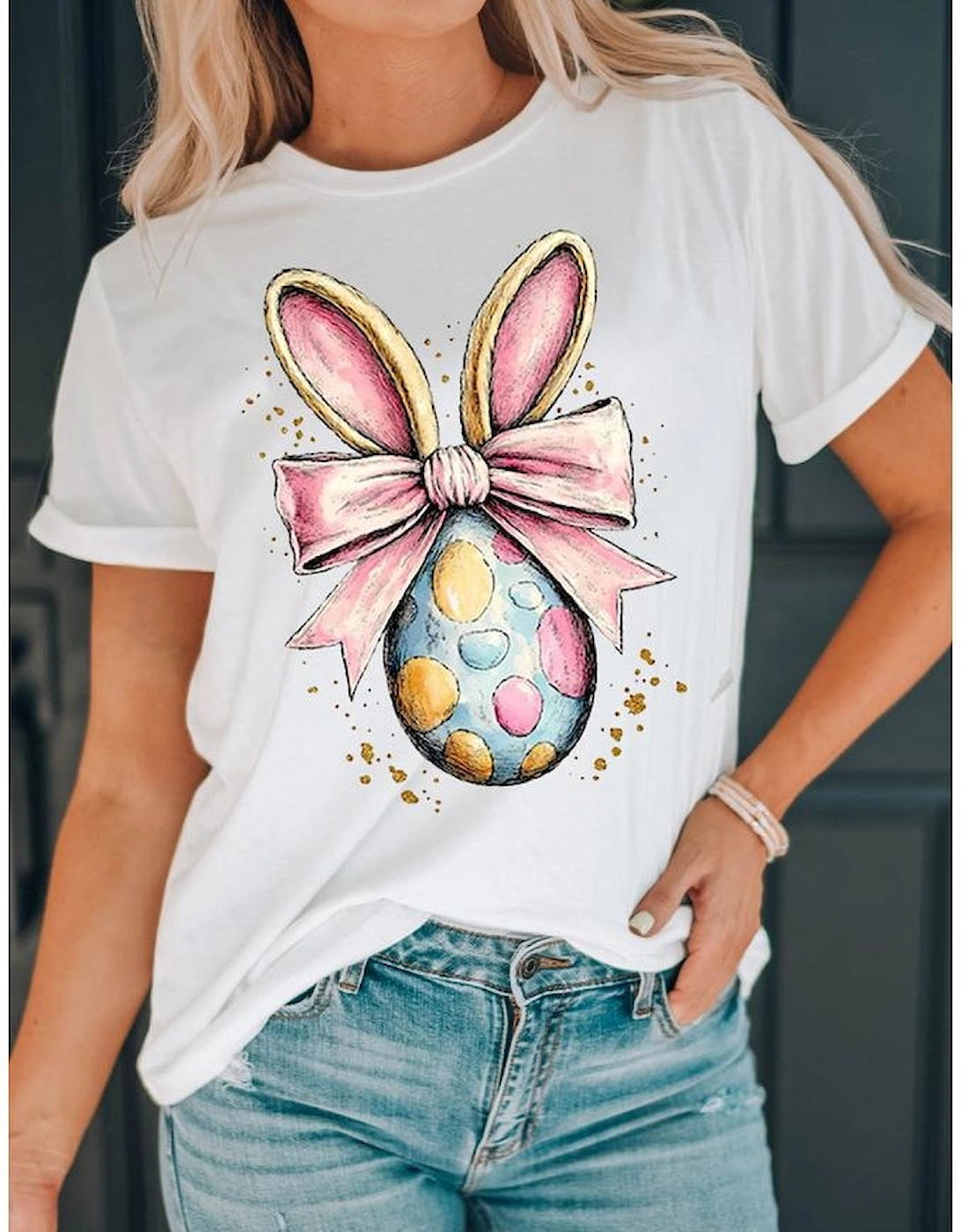 White Easter Egg Bow Bunny Ear Printed T Shirt