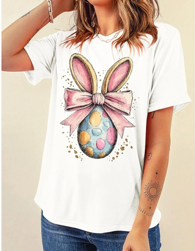 White Easter Egg Bow Bunny Ear Printed T Shirt