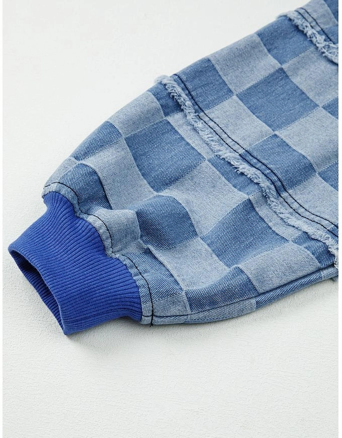 Sky Blue Checkerboard Splicing Raw Detail Oversized Denim Pullover