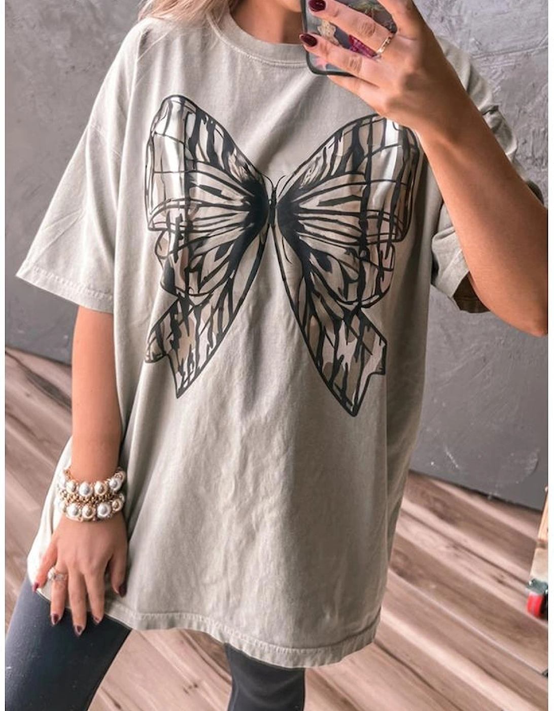 Casual Oversize Big Bow Printed Drop Shoulder Tunic Casual Tee