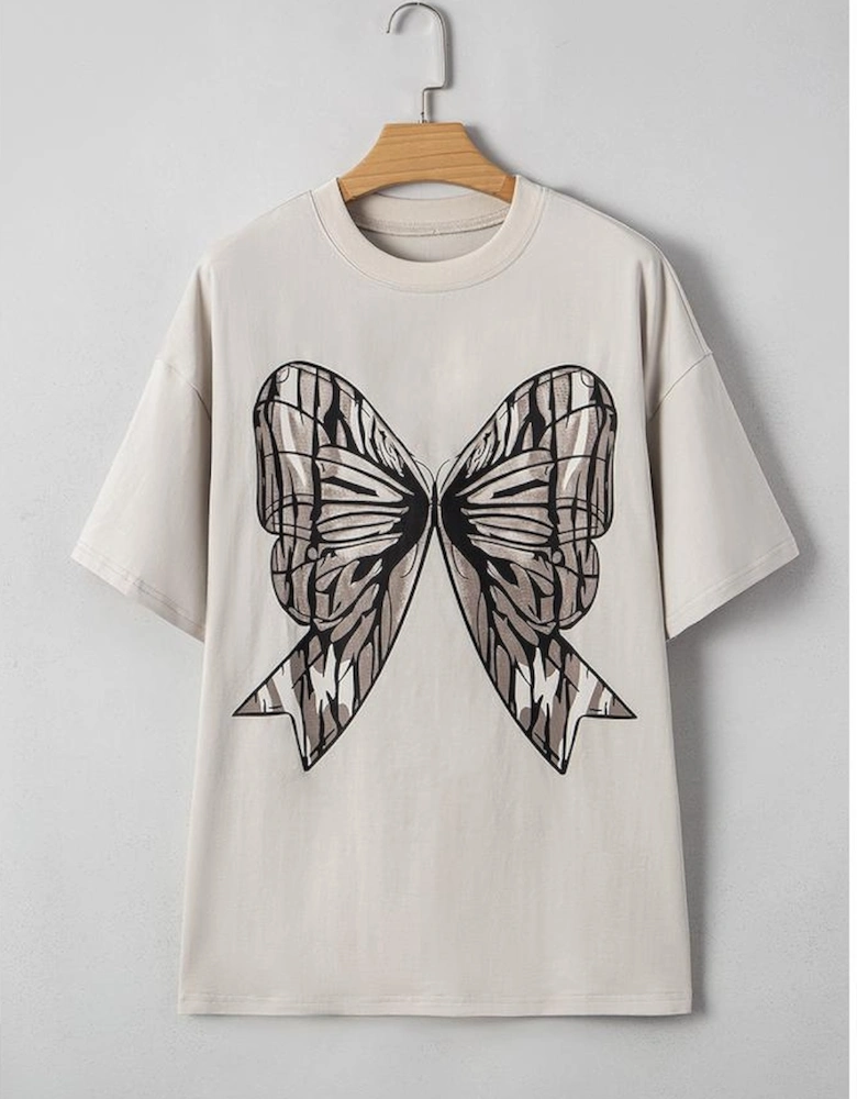 Casual Oversize Big Bow Printed Drop Shoulder Tunic Casual Tee