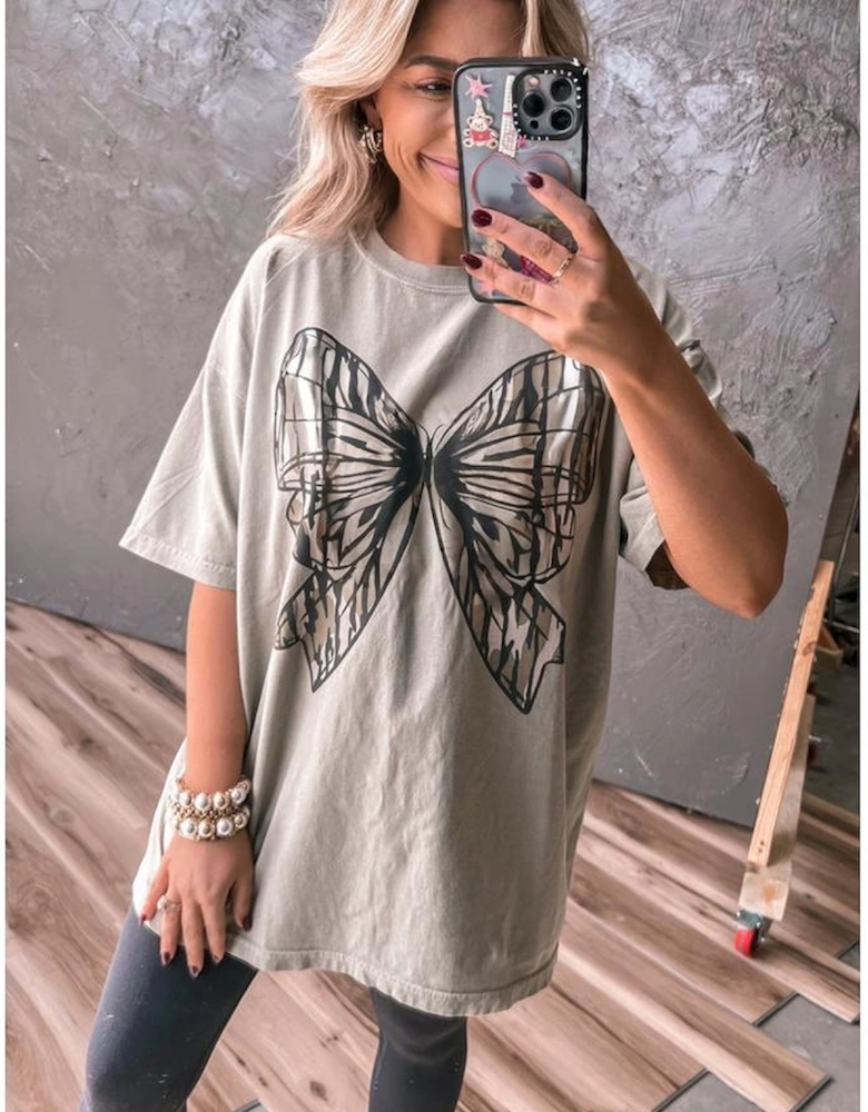 Casual Oversize Big Bow Printed Drop Shoulder Tunic Casual Tee