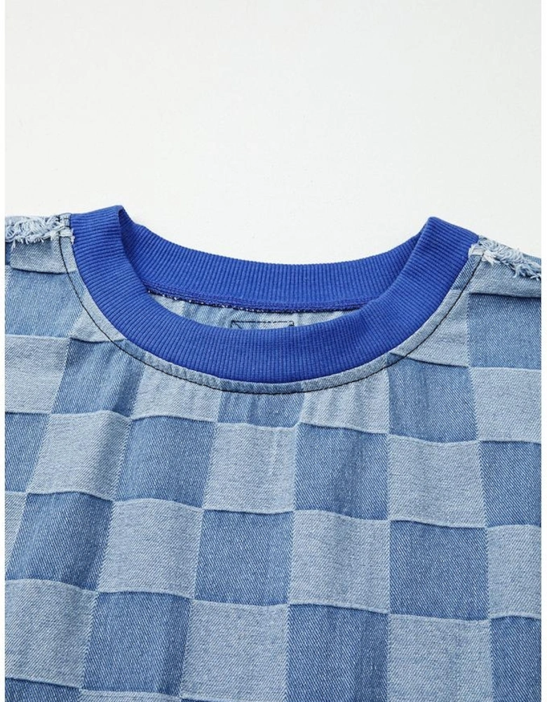 Sky Blue Checkerboard Splicing Raw Detail Oversized Denim Pullover
