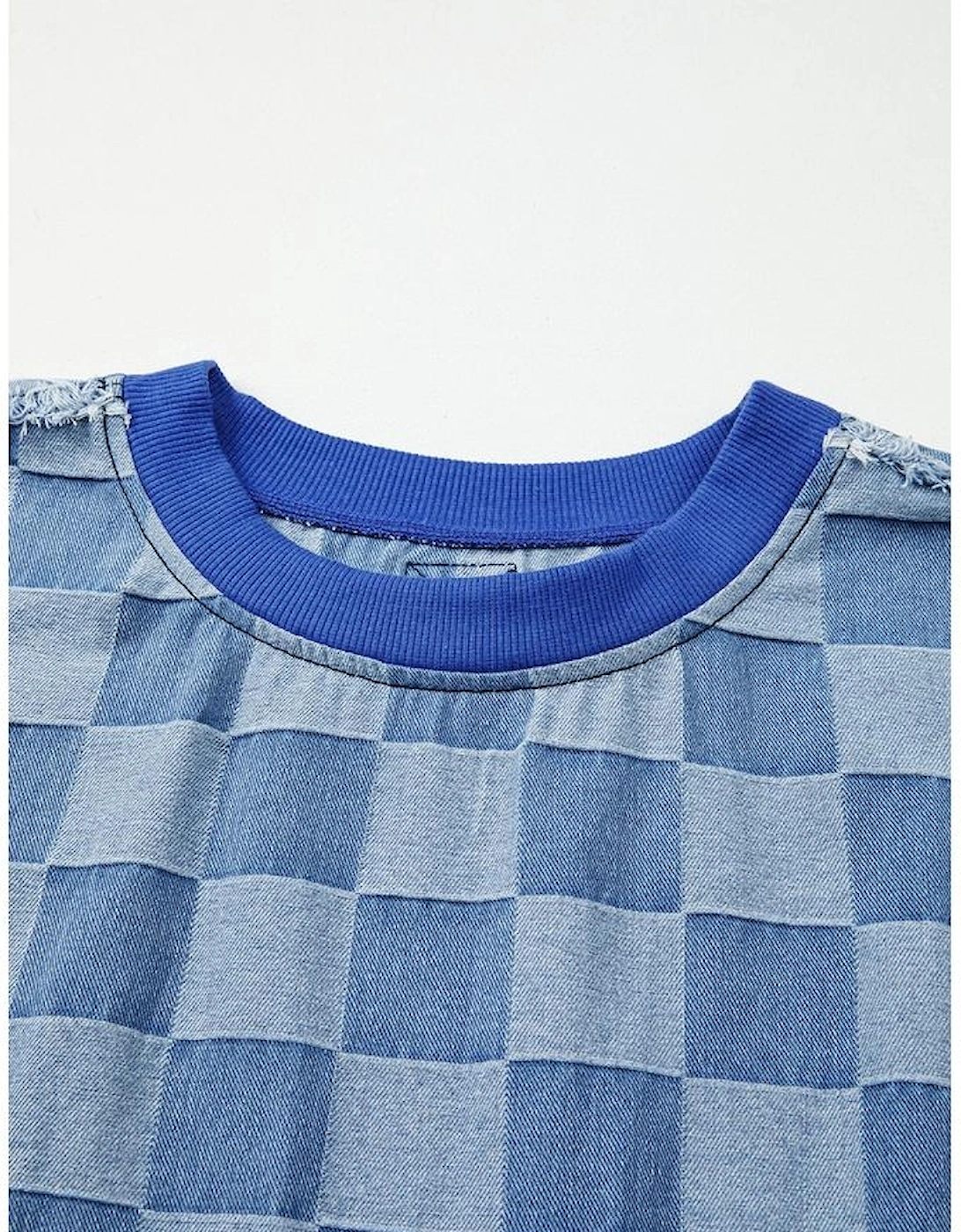 Sky Blue Checkerboard Splicing Raw Detail Oversized Denim Pullover
