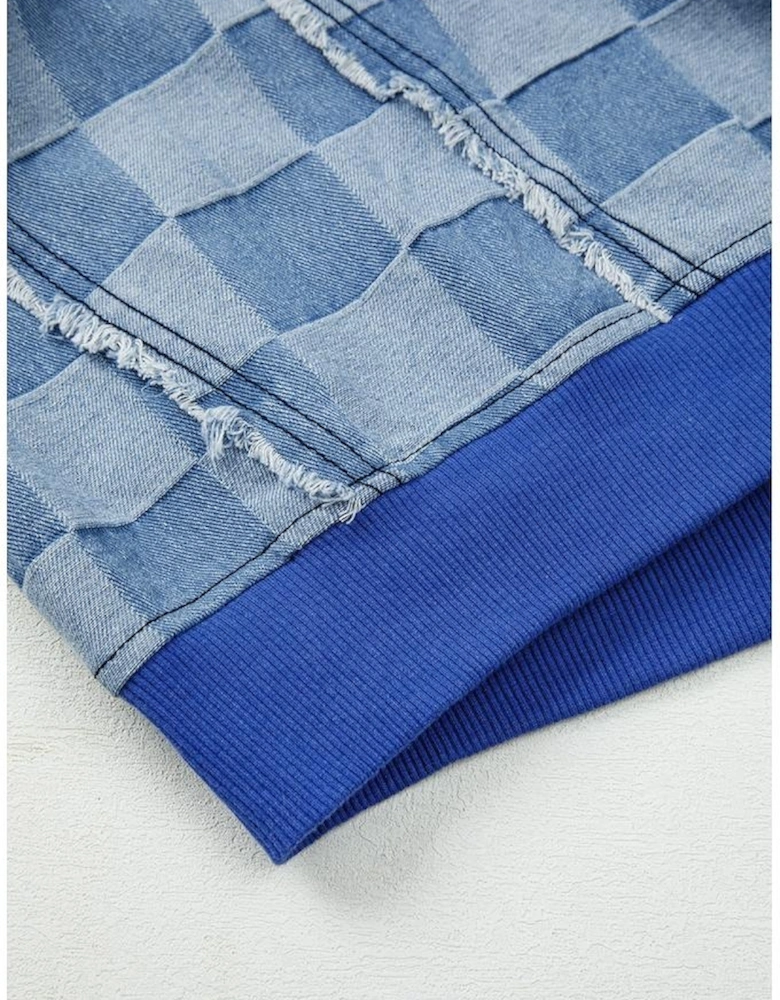 Sky Blue Checkerboard Splicing Raw Detail Oversized Denim Pullover