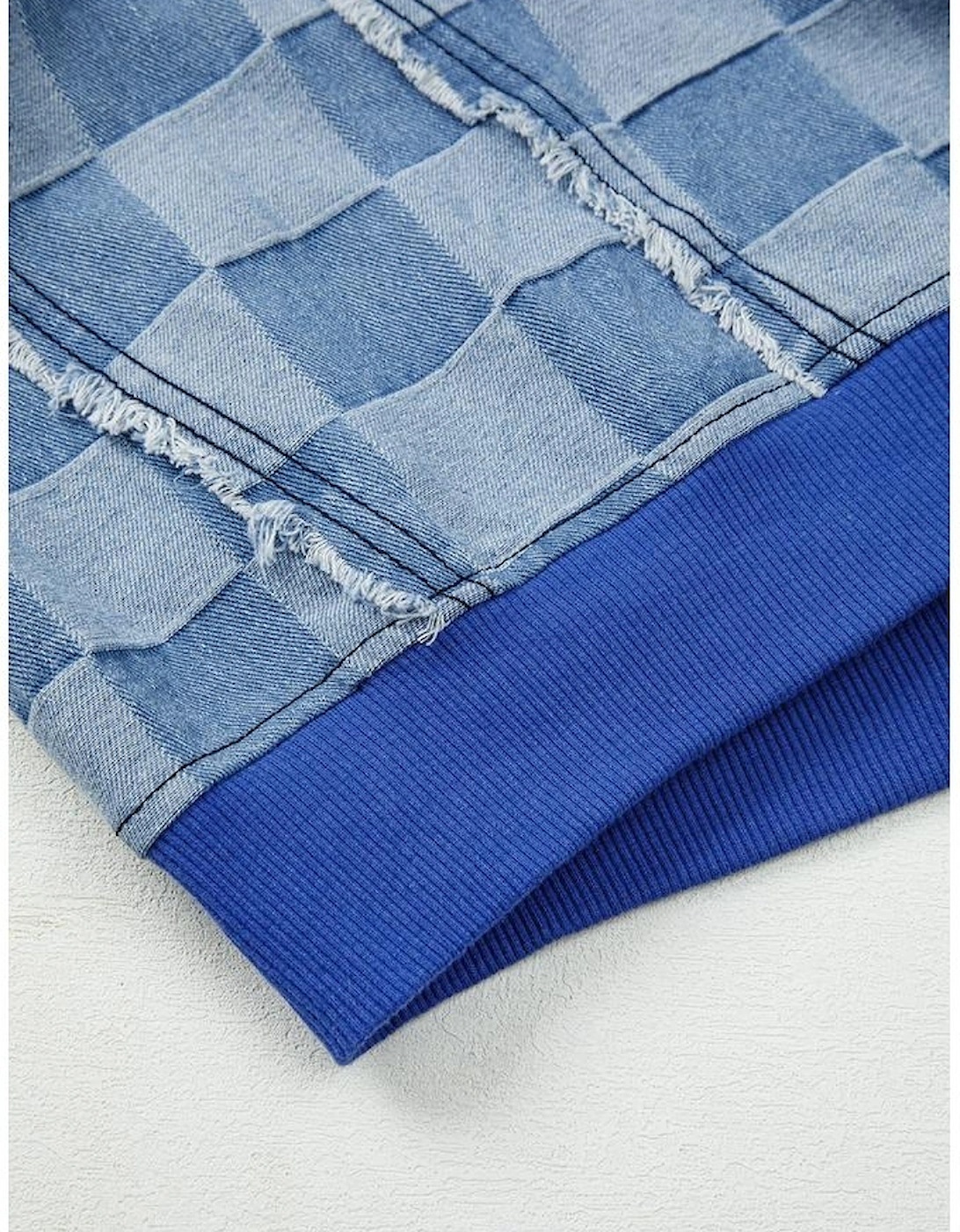 Sky Blue Checkerboard Splicing Raw Detail Oversized Denim Pullover