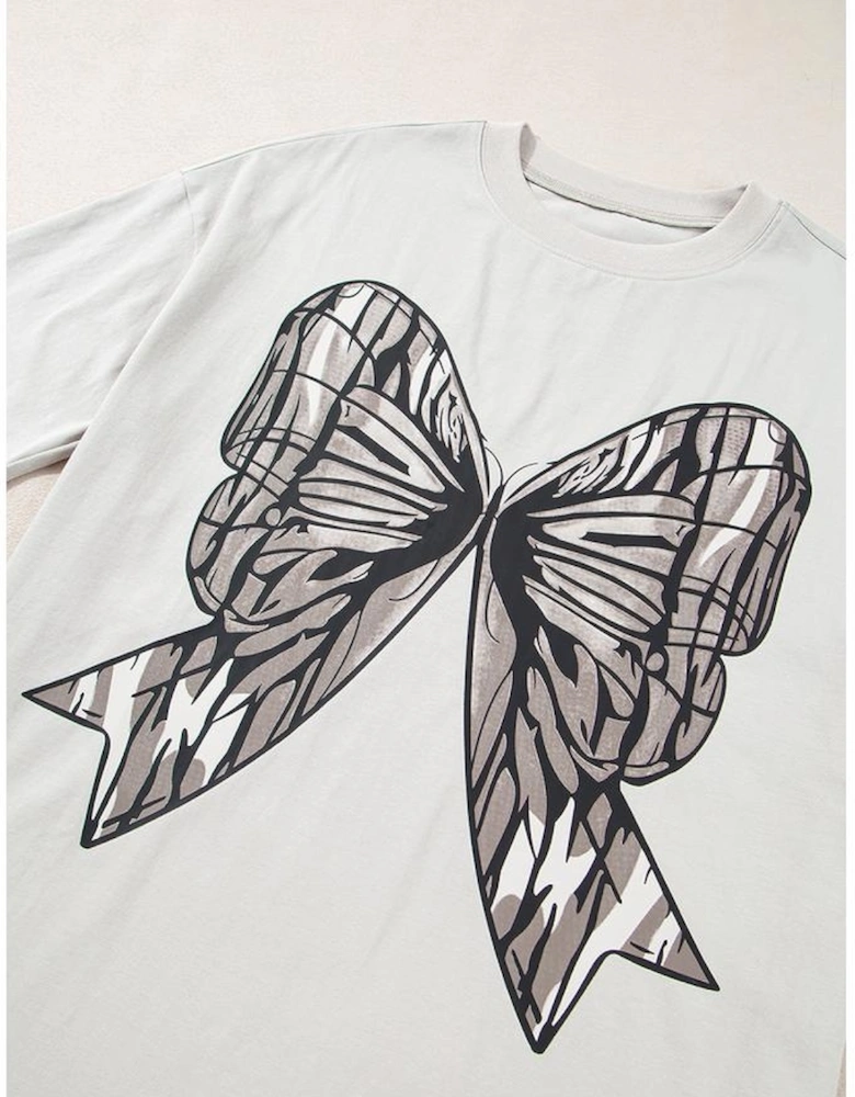 Casual Oversize Big Bow Printed Drop Shoulder Tunic Casual Tee