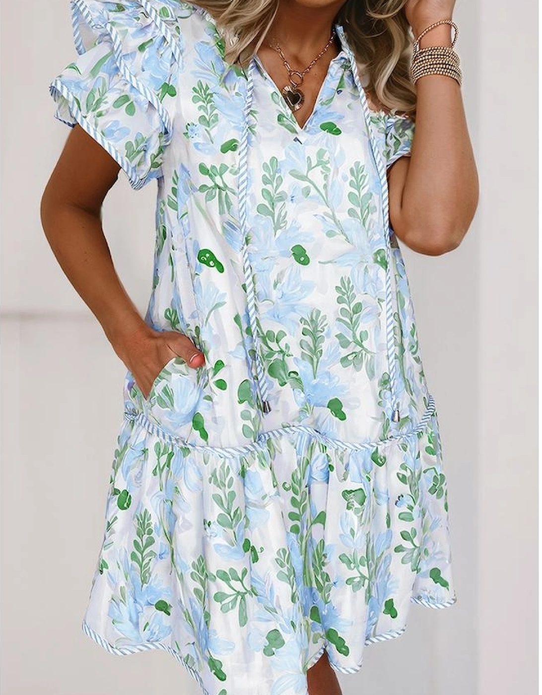 Sky Blue Floral Contrast Edge Layered Short Sleeve Mini Dress