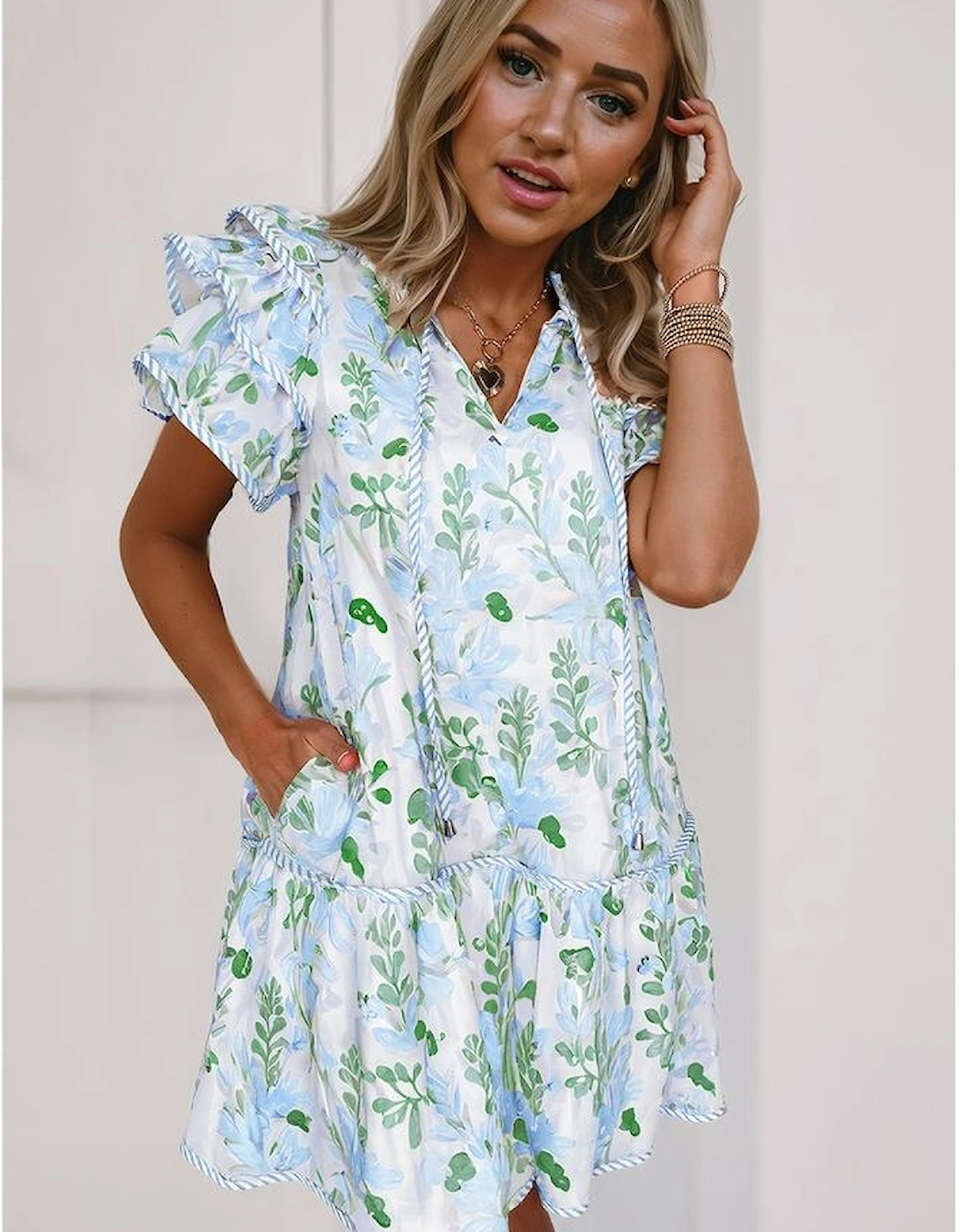 Sky Blue Floral Contrast Edge Layered Short Sleeve Mini Dress, 4 of 3