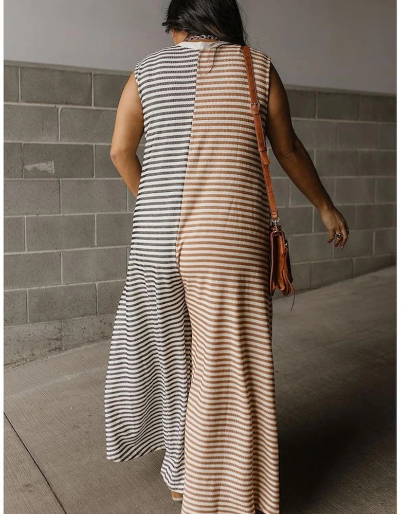Gray Stripe Plus Size Color Block Buttoned Sleeveless Wide Leg Jumpsuit