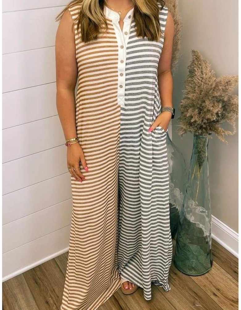 Gray Stripe Plus Size Color Block Buttoned Sleeveless Wide Leg Jumpsuit