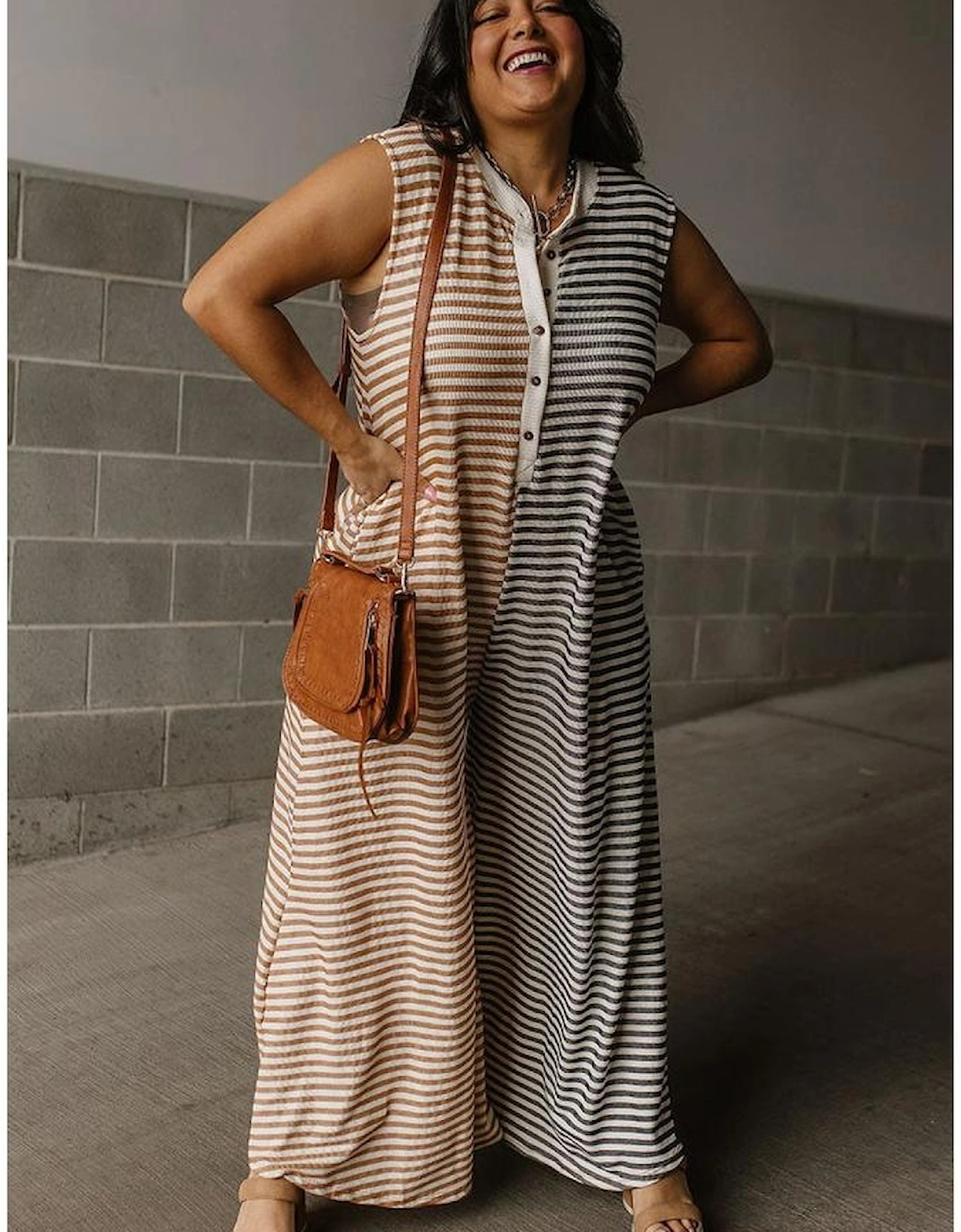 Gray Stripe Plus Size Color Block Buttoned Sleeveless Wide Leg Jumpsuit, 9 of 8
