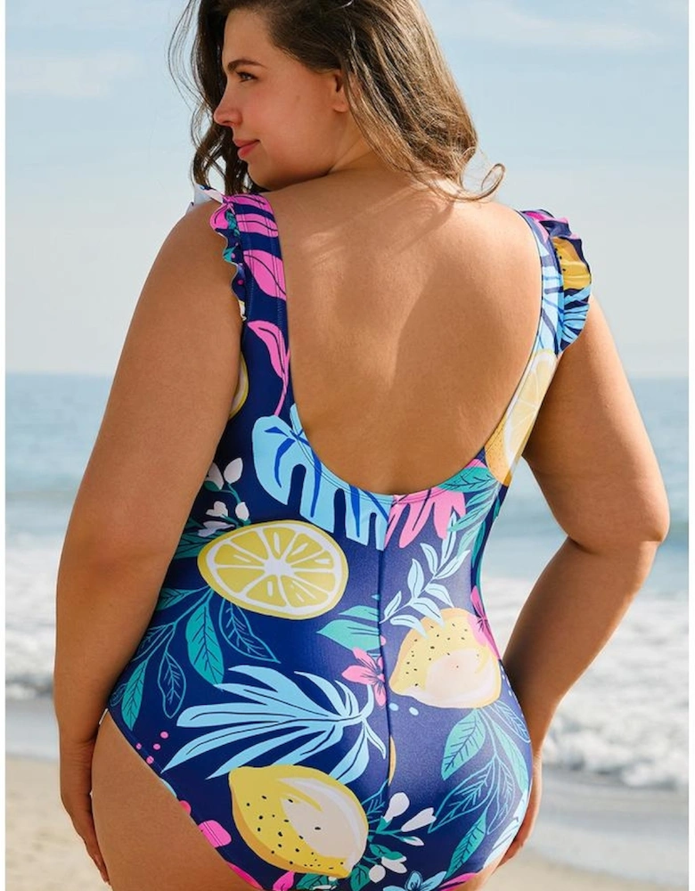 Blue Plus Size Printed V Neck Wrap Knot Ruffled One Piece Swimwear