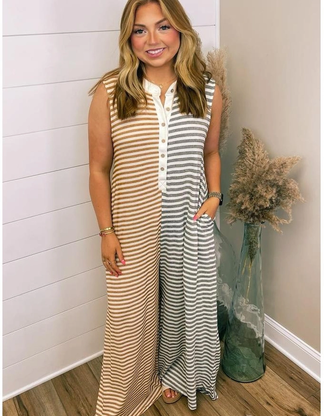 Gray Stripe Plus Size Color Block Buttoned Sleeveless Wide Leg Jumpsuit