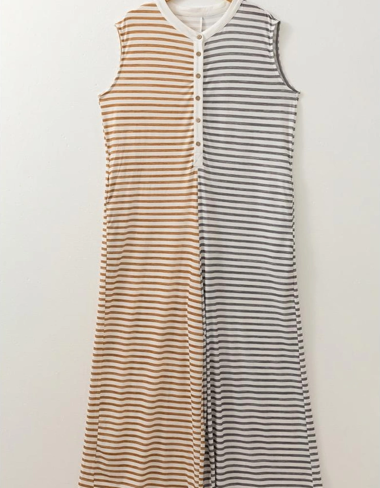 Gray Stripe Plus Size Color Block Buttoned Sleeveless Wide Leg Jumpsuit