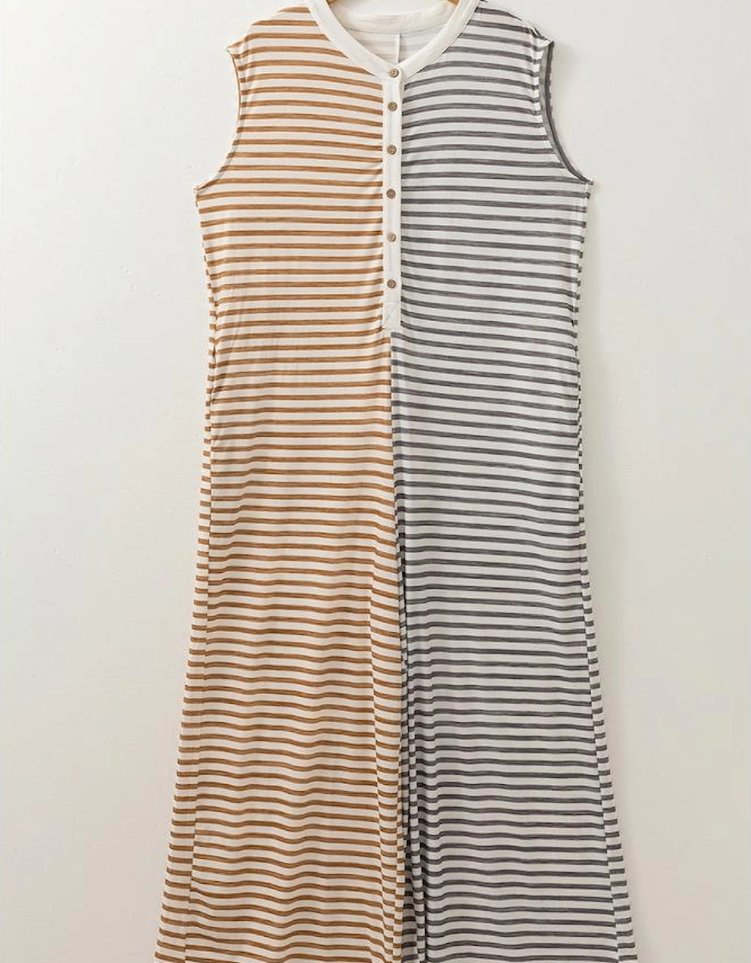 Gray Stripe Plus Size Color Block Buttoned Sleeveless Wide Leg Jumpsuit