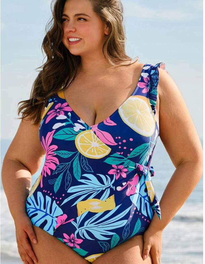 Blue Plus Size Printed V Neck Wrap Knot Ruffled One Piece Swimwear