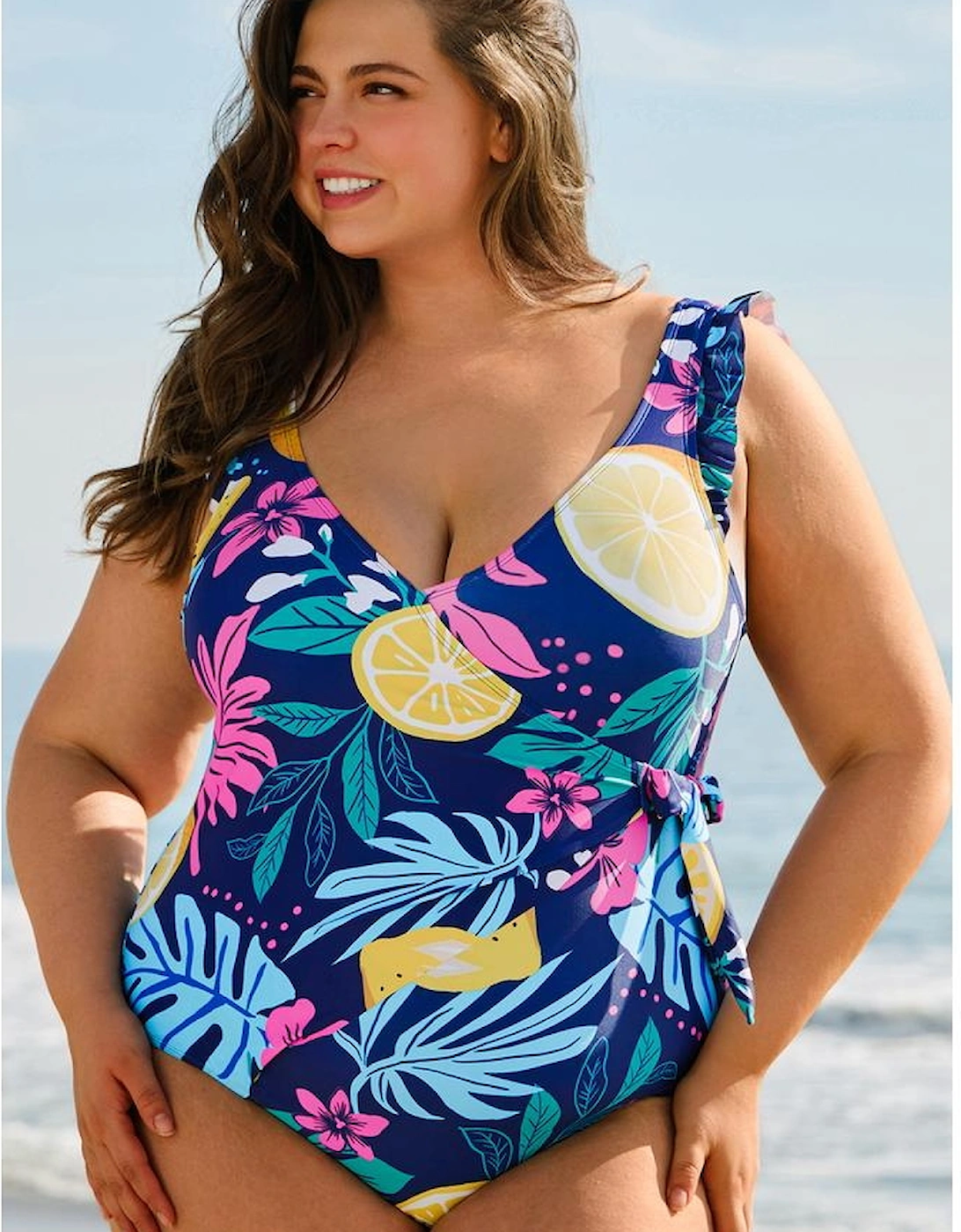 Blue Plus Size Printed V Neck Wrap Knot Ruffled One Piece Swimwear