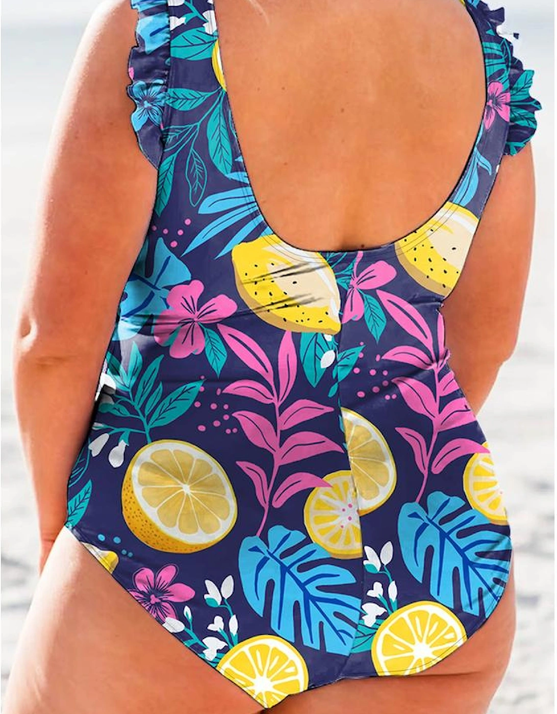 Blue Plus Size Printed V Neck Wrap Knot Ruffled One Piece Swimwear