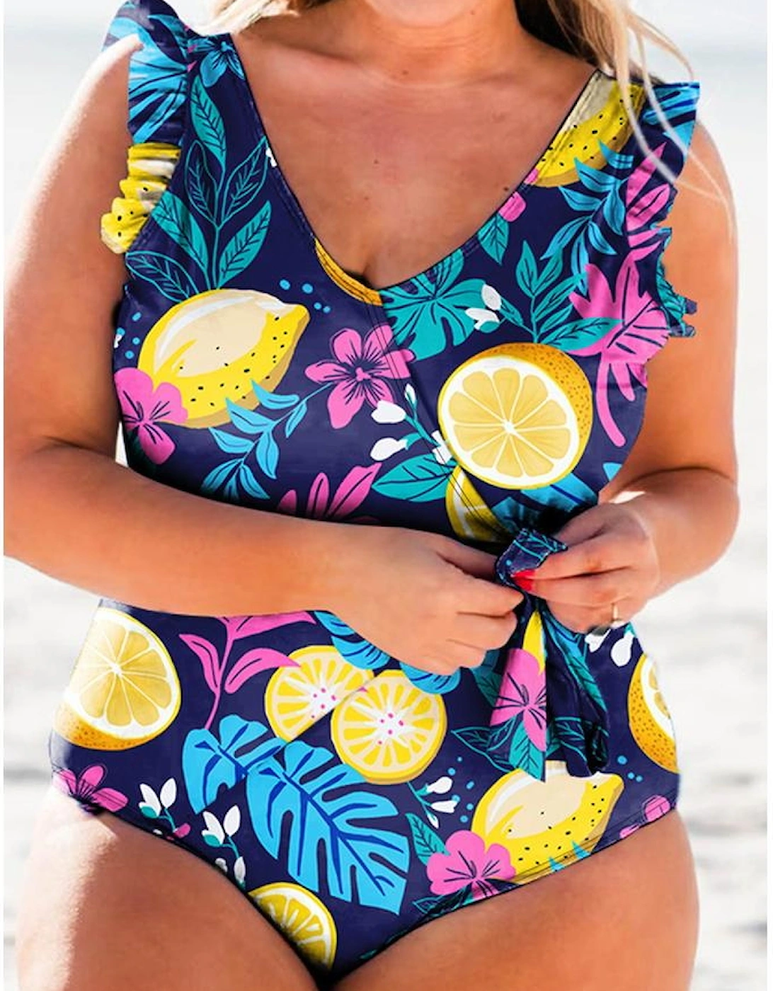 Blue Plus Size Printed V Neck Wrap Knot Ruffled One Piece Swimwear