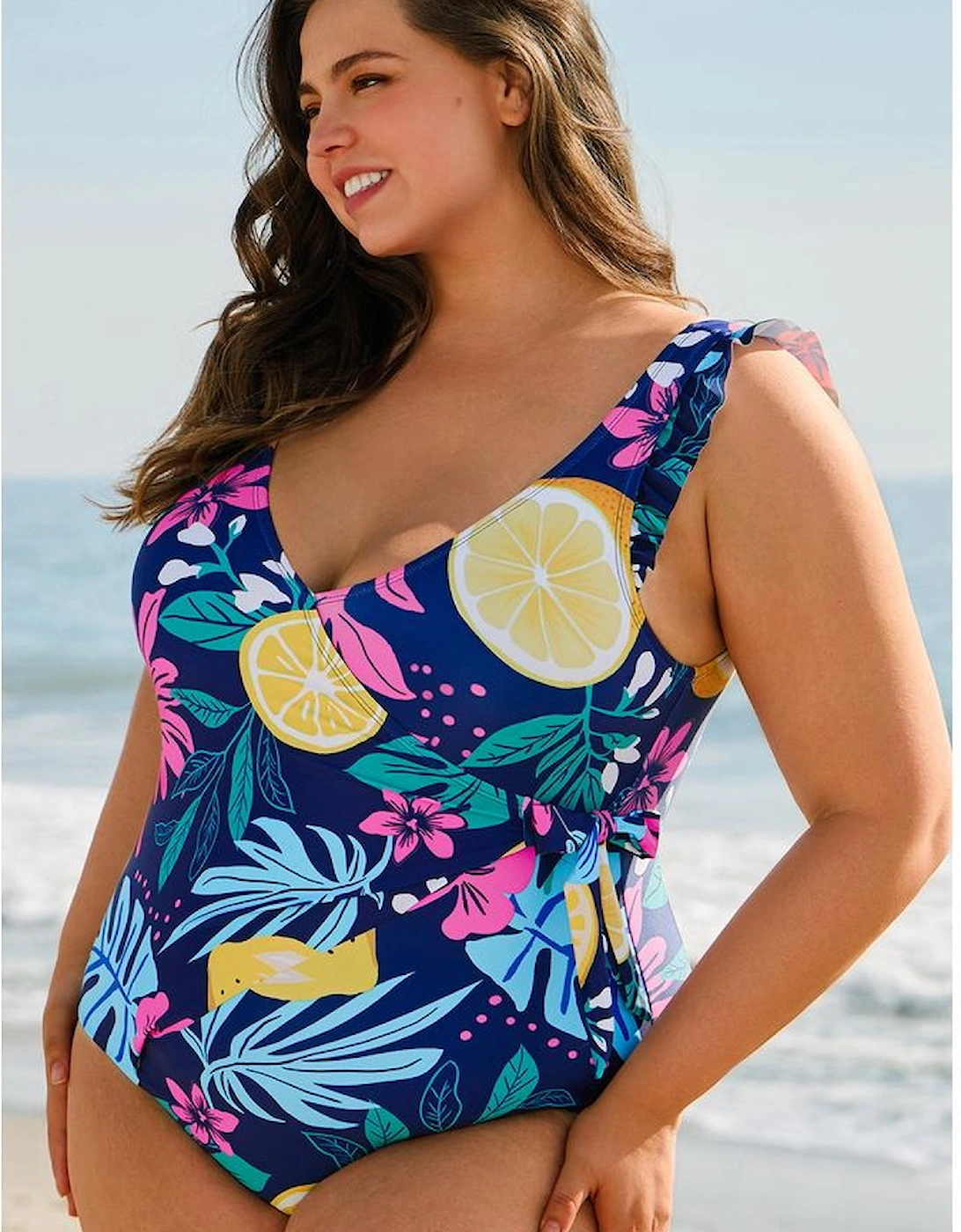 Blue Plus Size Printed V Neck Wrap Knot Ruffled One Piece Swimwear