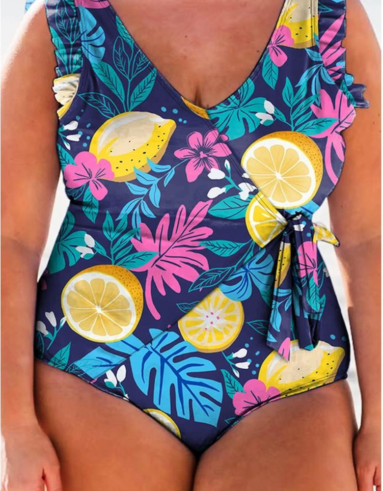 Blue Plus Size Printed V Neck Wrap Knot Ruffled One Piece Swimwear