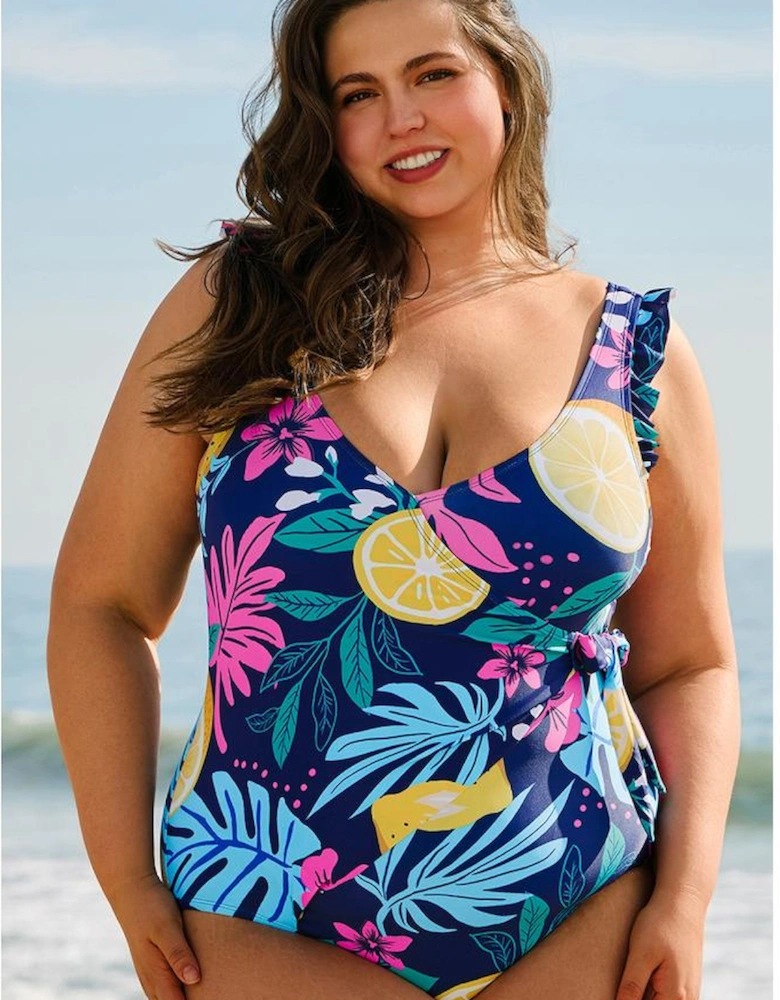 Blue Plus Size Printed V Neck Wrap Knot Ruffled One Piece Swimwear