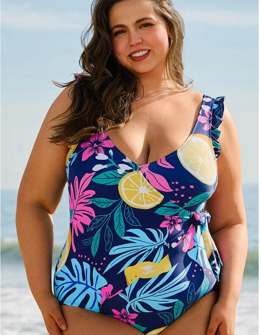 Blue Plus Size Printed V Neck Wrap Knot Ruffled One Piece Swimwear