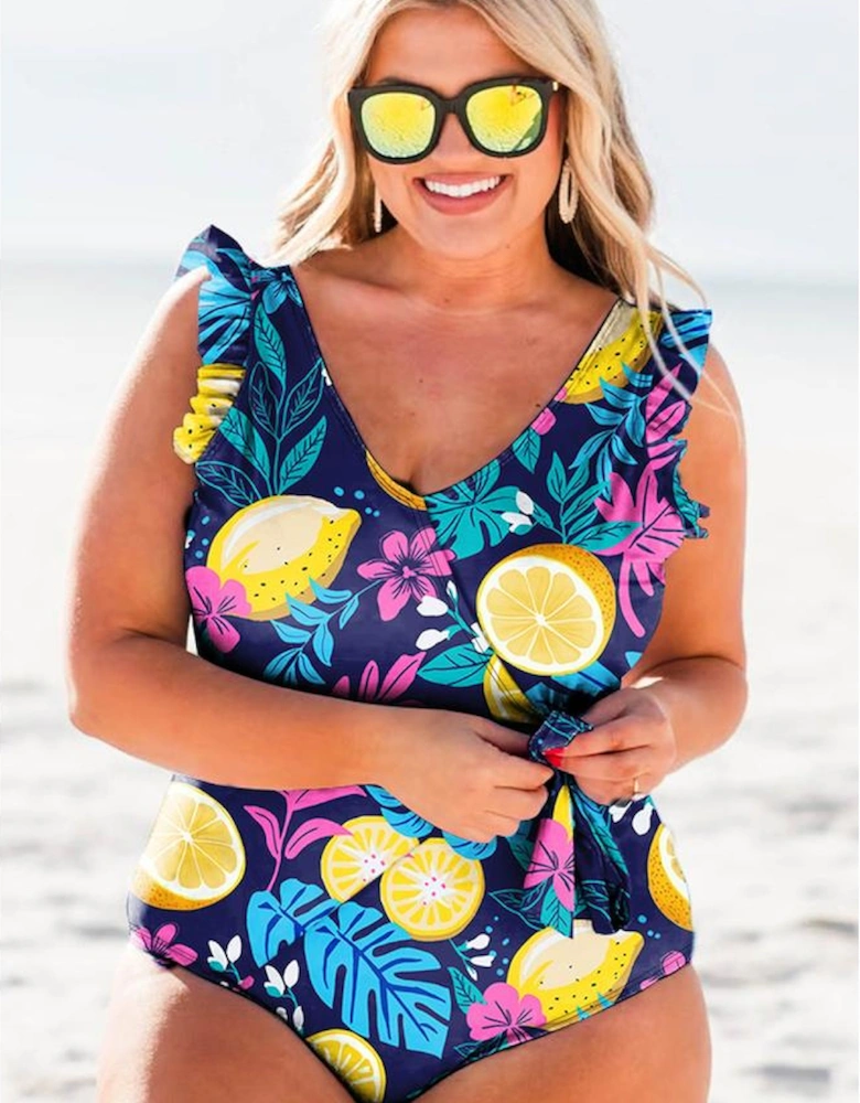 Blue Plus Size Printed V Neck Wrap Knot Ruffled One Piece Swimwear