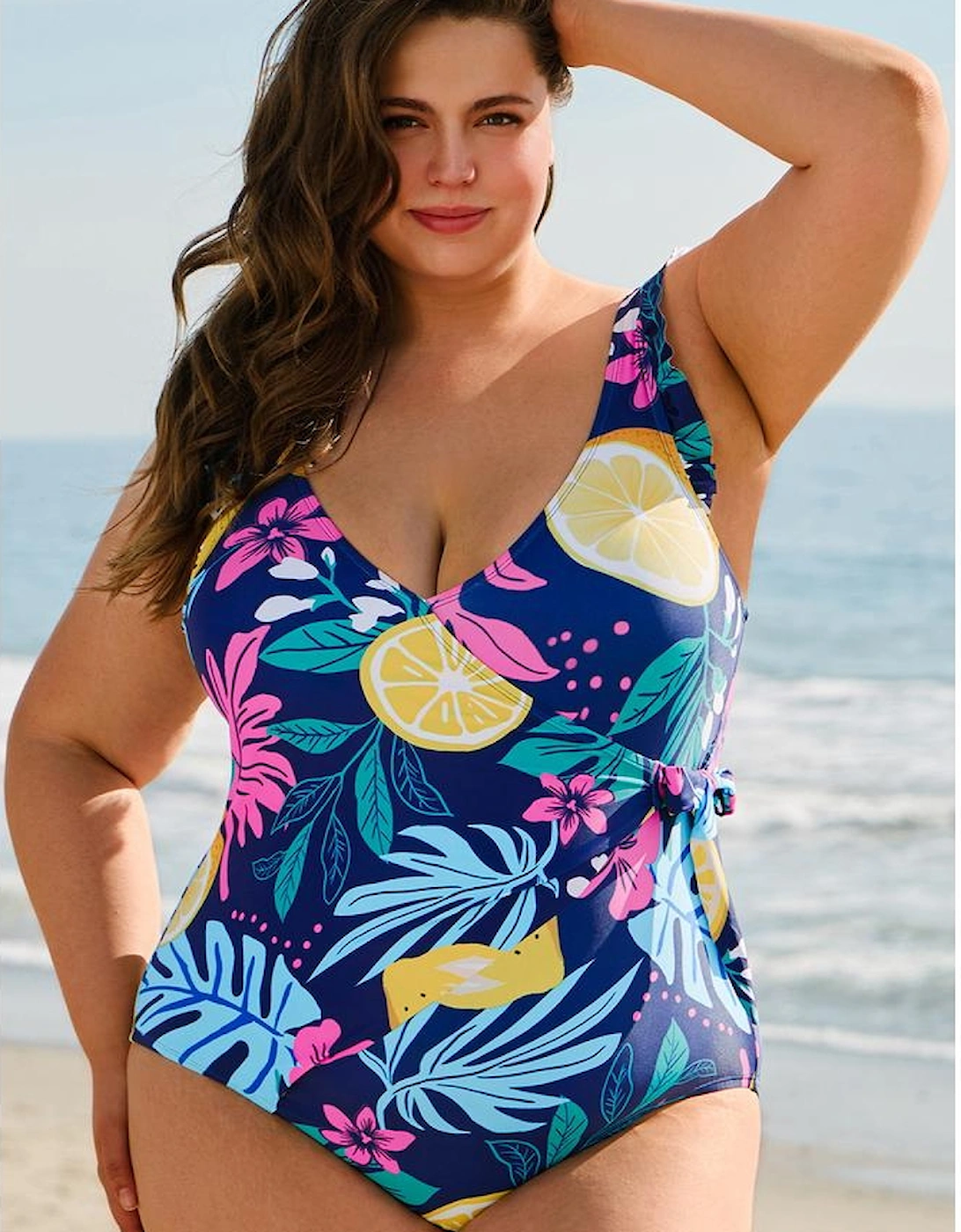Blue Plus Size Printed V Neck Wrap Knot Ruffled One Piece Swimwear