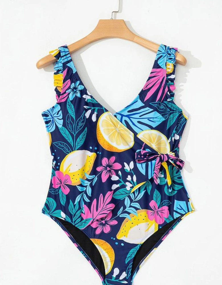 Blue Plus Size Printed V Neck Wrap Knot Ruffled One Piece Swimwear