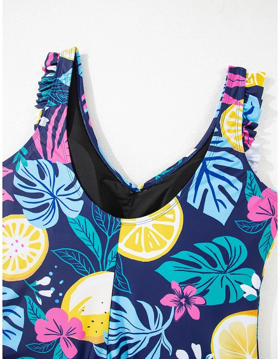 Blue Plus Size Printed V Neck Wrap Knot Ruffled One Piece Swimwear