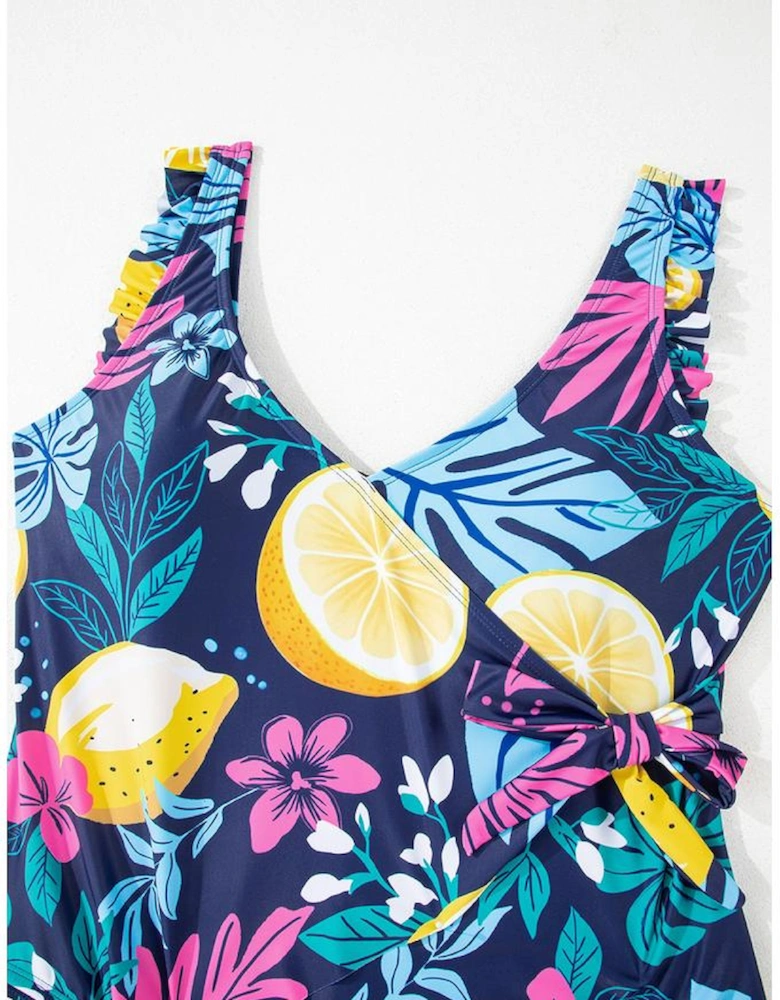 Blue Plus Size Printed V Neck Wrap Knot Ruffled One Piece Swimwear