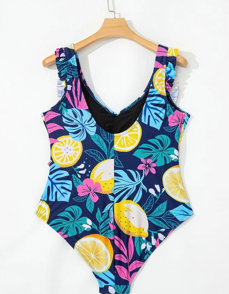 Blue Plus Size Printed V Neck Wrap Knot Ruffled One Piece Swimwear