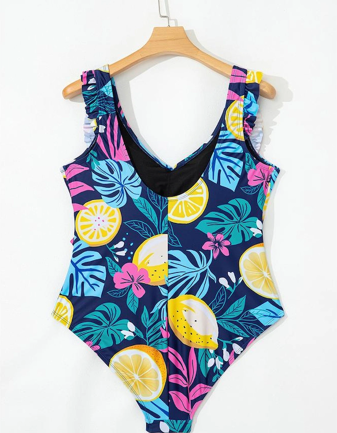 Blue Plus Size Printed V Neck Wrap Knot Ruffled One Piece Swimwear