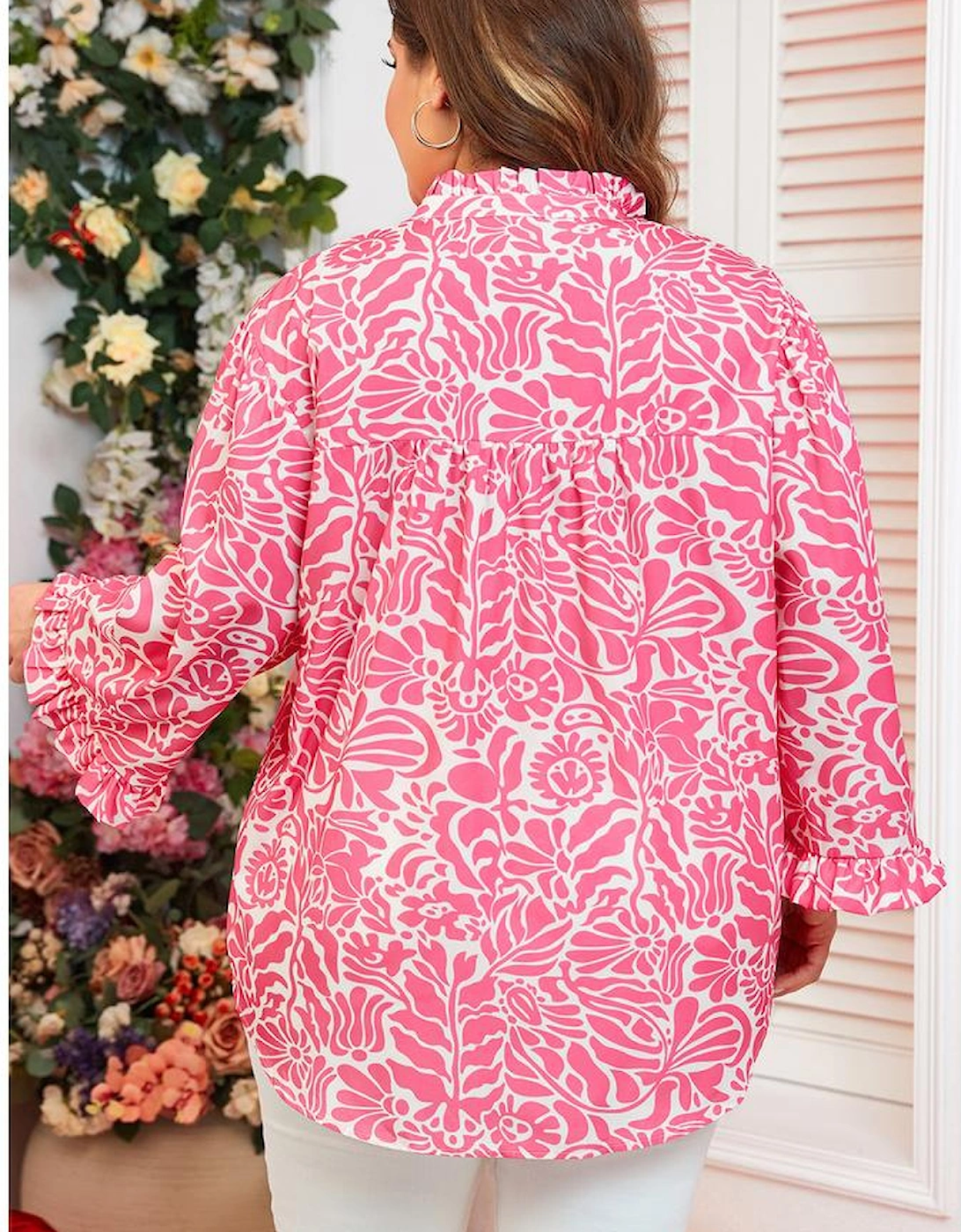 Pink Plus Size Floral Print Frilled Neck Puff Sleeve Top, 14 of 13
