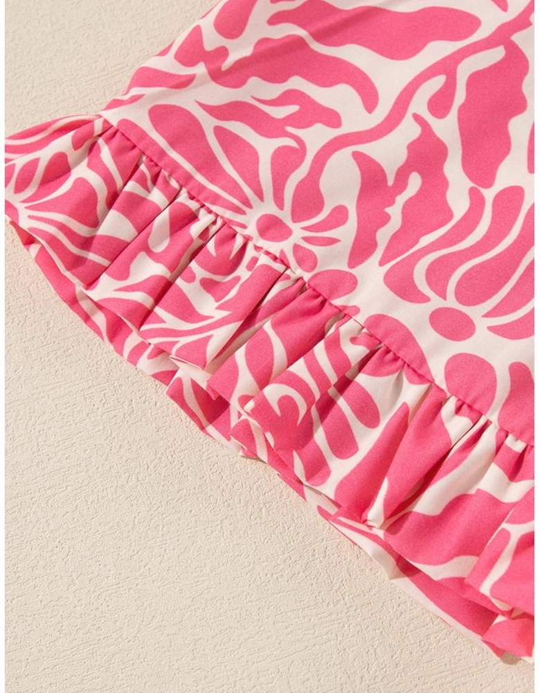 Pink Plus Size Floral Print Frilled Neck Puff Sleeve Top