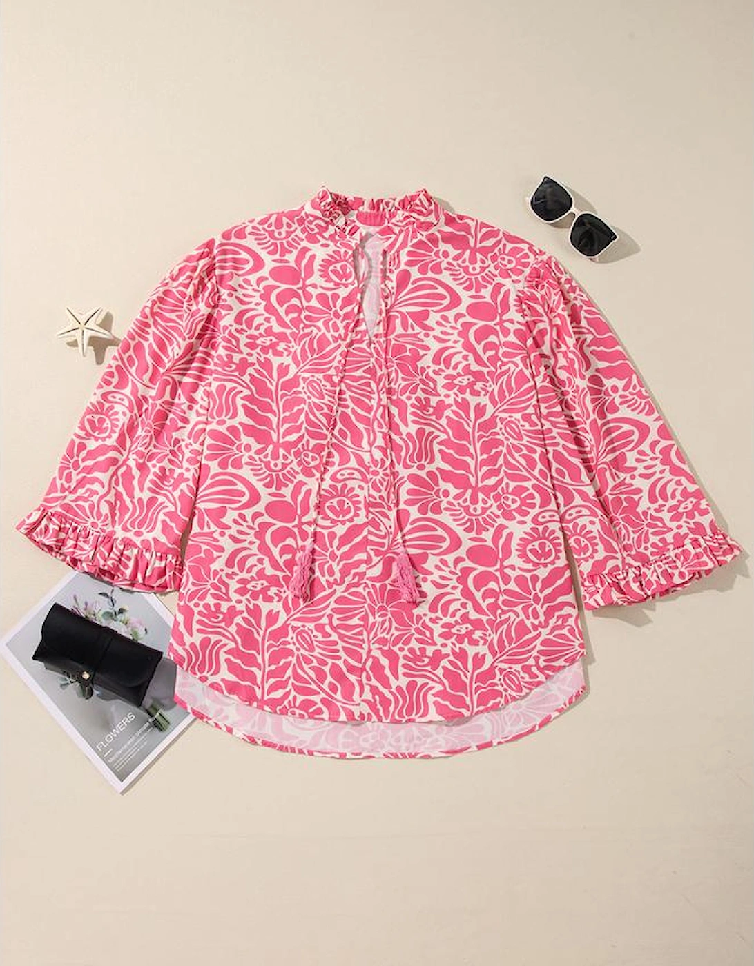 Pink Plus Size Floral Print Frilled Neck Puff Sleeve Top