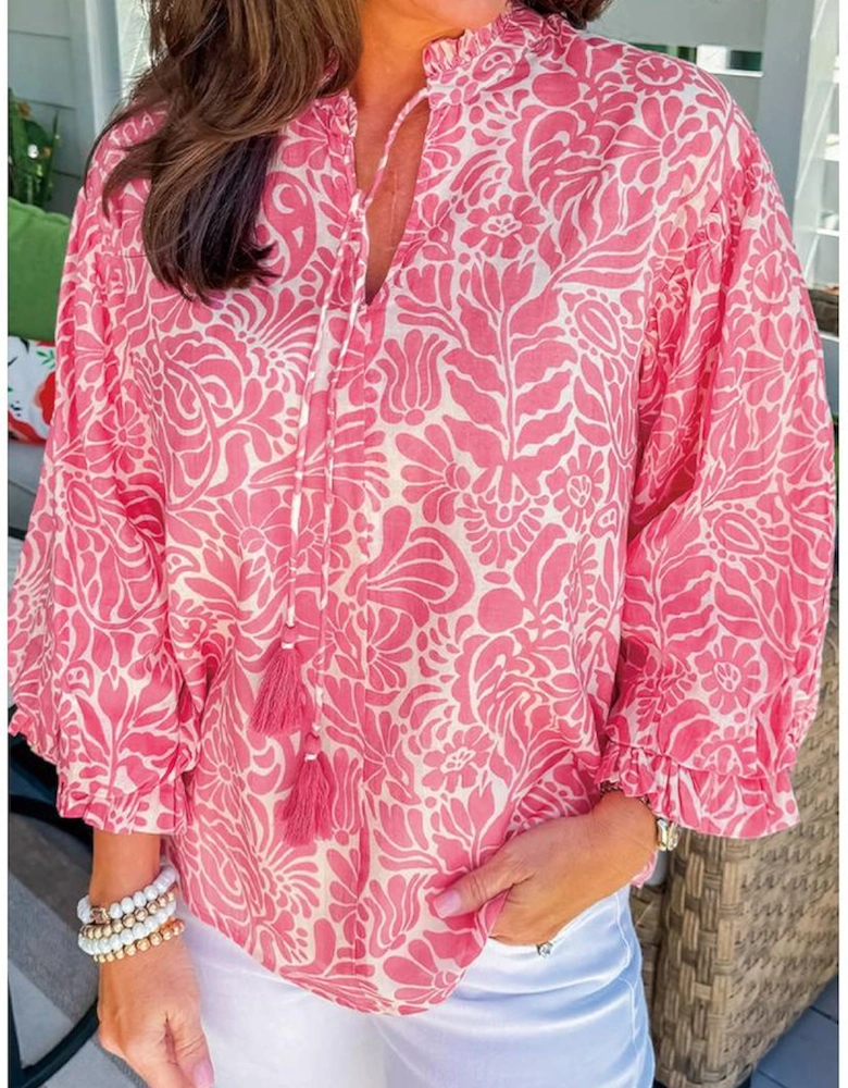 Pink Plus Size Floral Print Frilled Neck Puff Sleeve Top