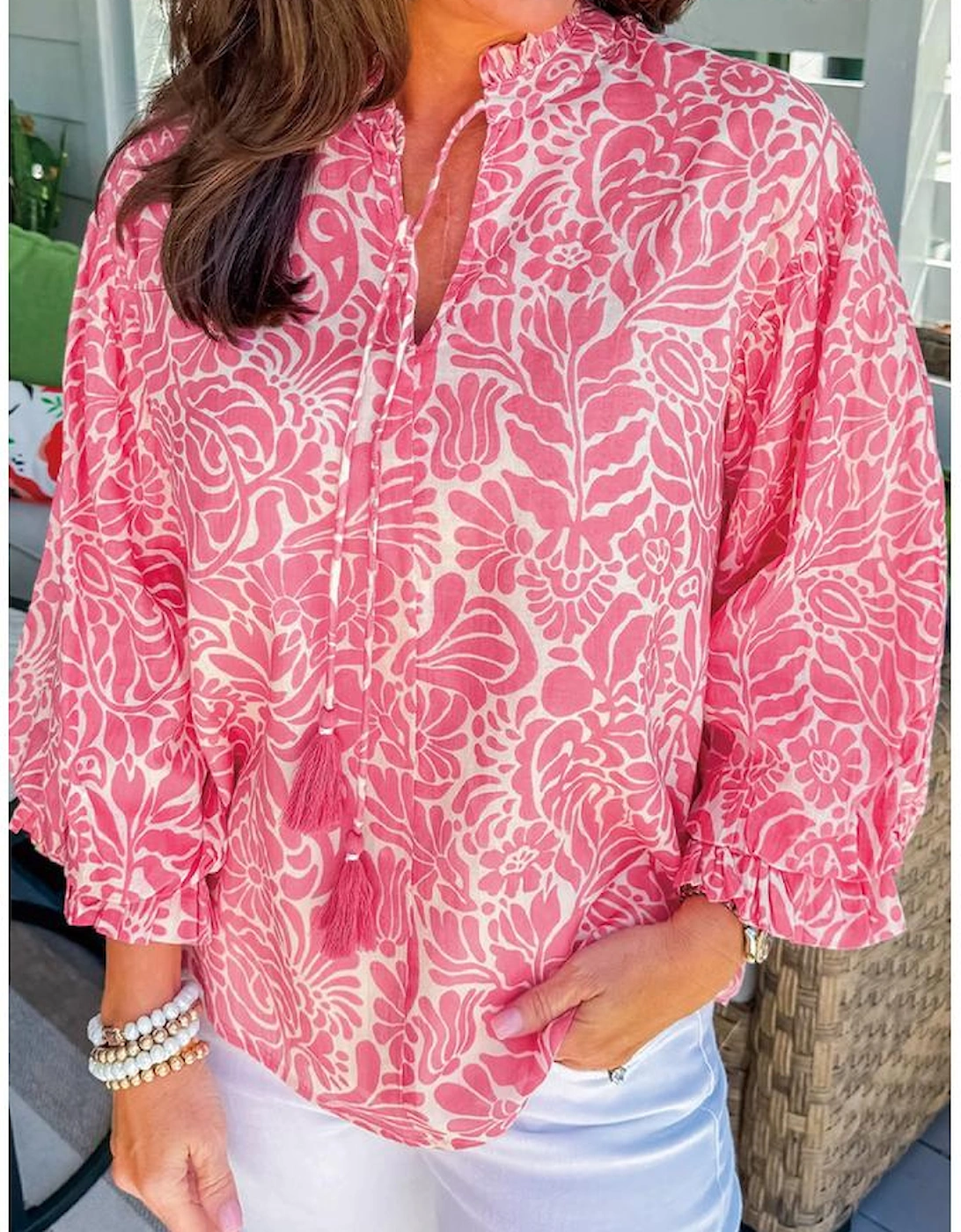 Pink Plus Size Floral Print Frilled Neck Puff Sleeve Top