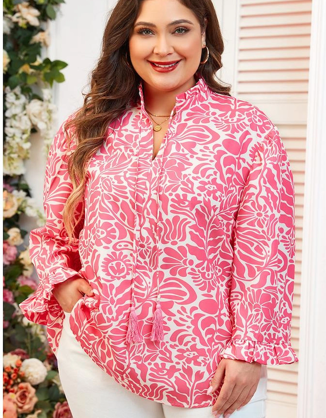 Pink Plus Size Floral Print Frilled Neck Puff Sleeve Top