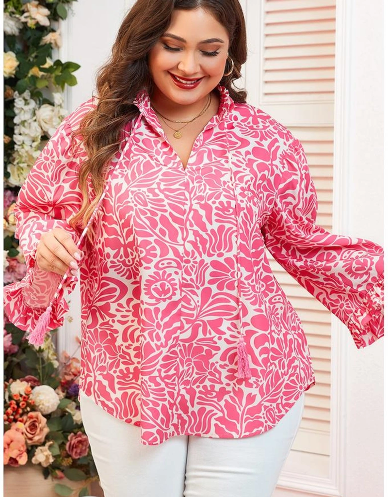Pink Plus Size Floral Print Frilled Neck Puff Sleeve Top