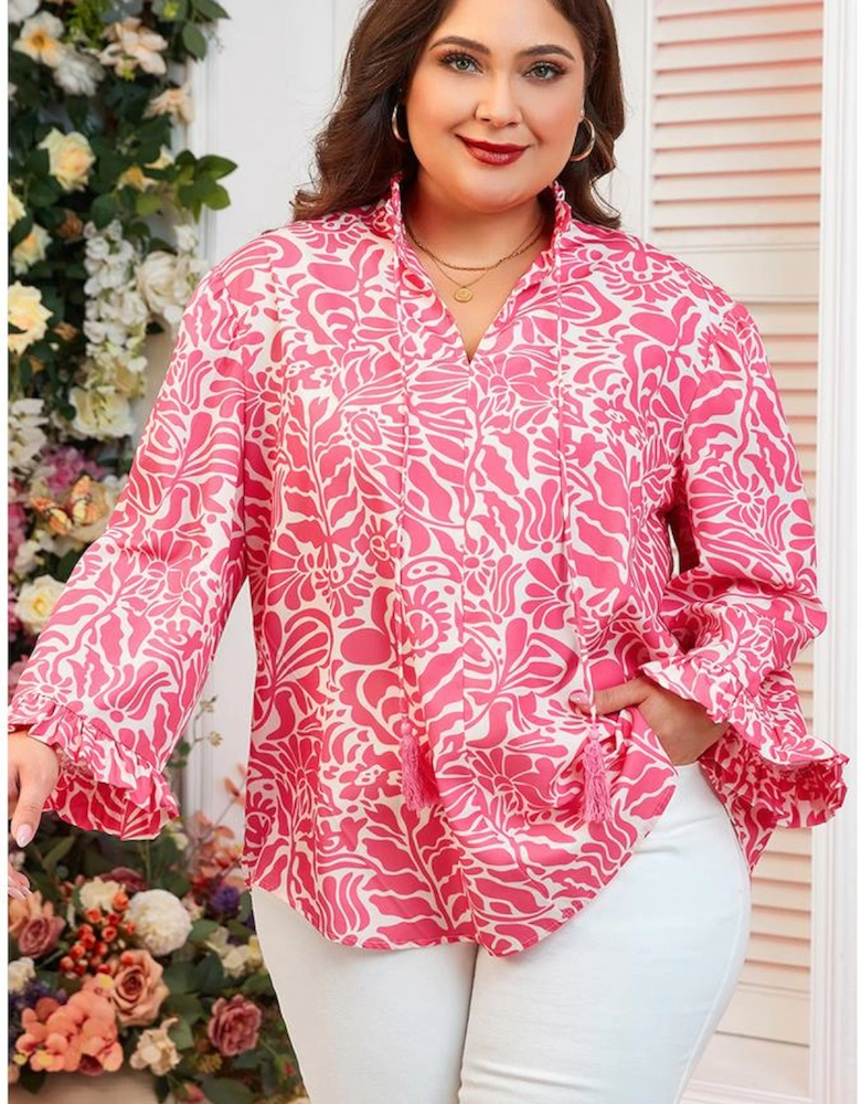 Pink Plus Size Floral Print Frilled Neck Puff Sleeve Top