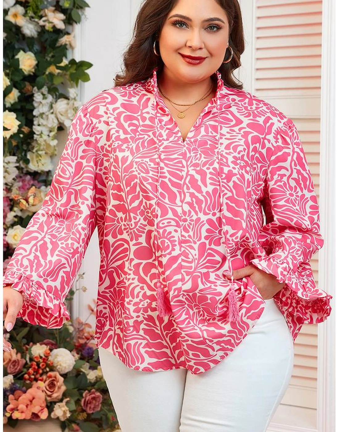 Pink Plus Size Floral Print Frilled Neck Puff Sleeve Top