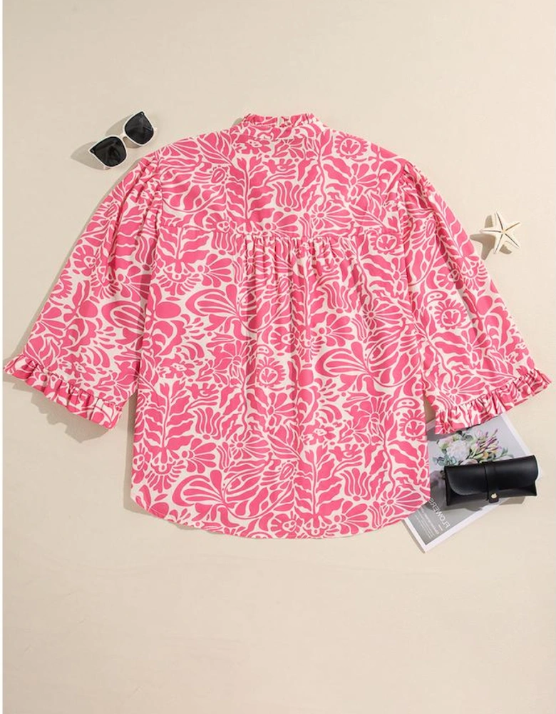 Pink Plus Size Floral Print Frilled Neck Puff Sleeve Top