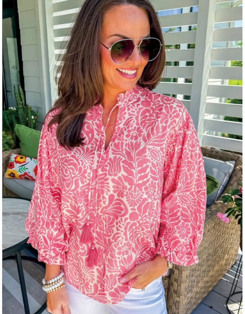 Pink Plus Size Floral Print Frilled Neck Puff Sleeve Top