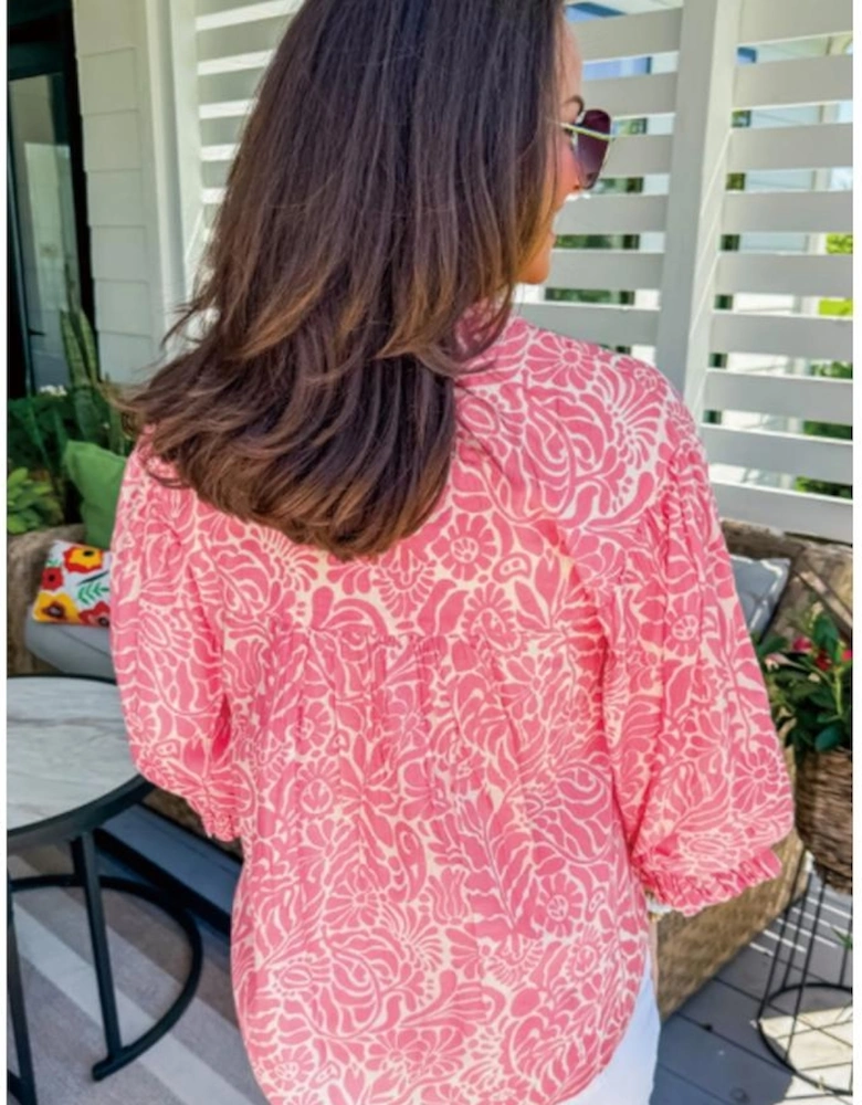 Pink Plus Size Floral Print Frilled Neck Puff Sleeve Top