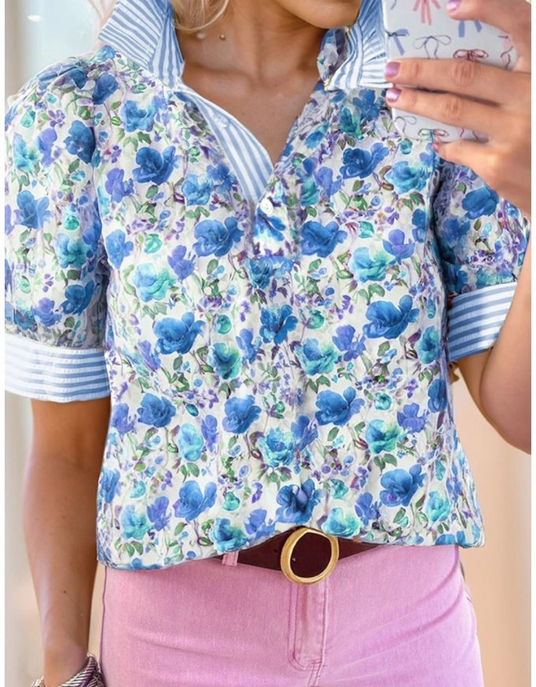 Sky Blue Floral Print Striped Patchwork Collared Short Sleeve Blouse