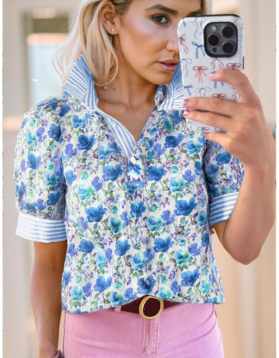 Sky Blue Floral Print Striped Patchwork Collared Short Sleeve Blouse